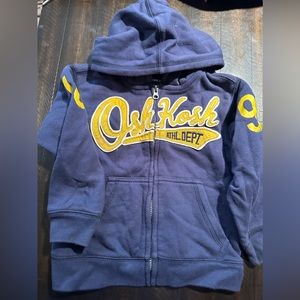 little boy/toddler Oshkosh zip up hoodie blue with yellow writing